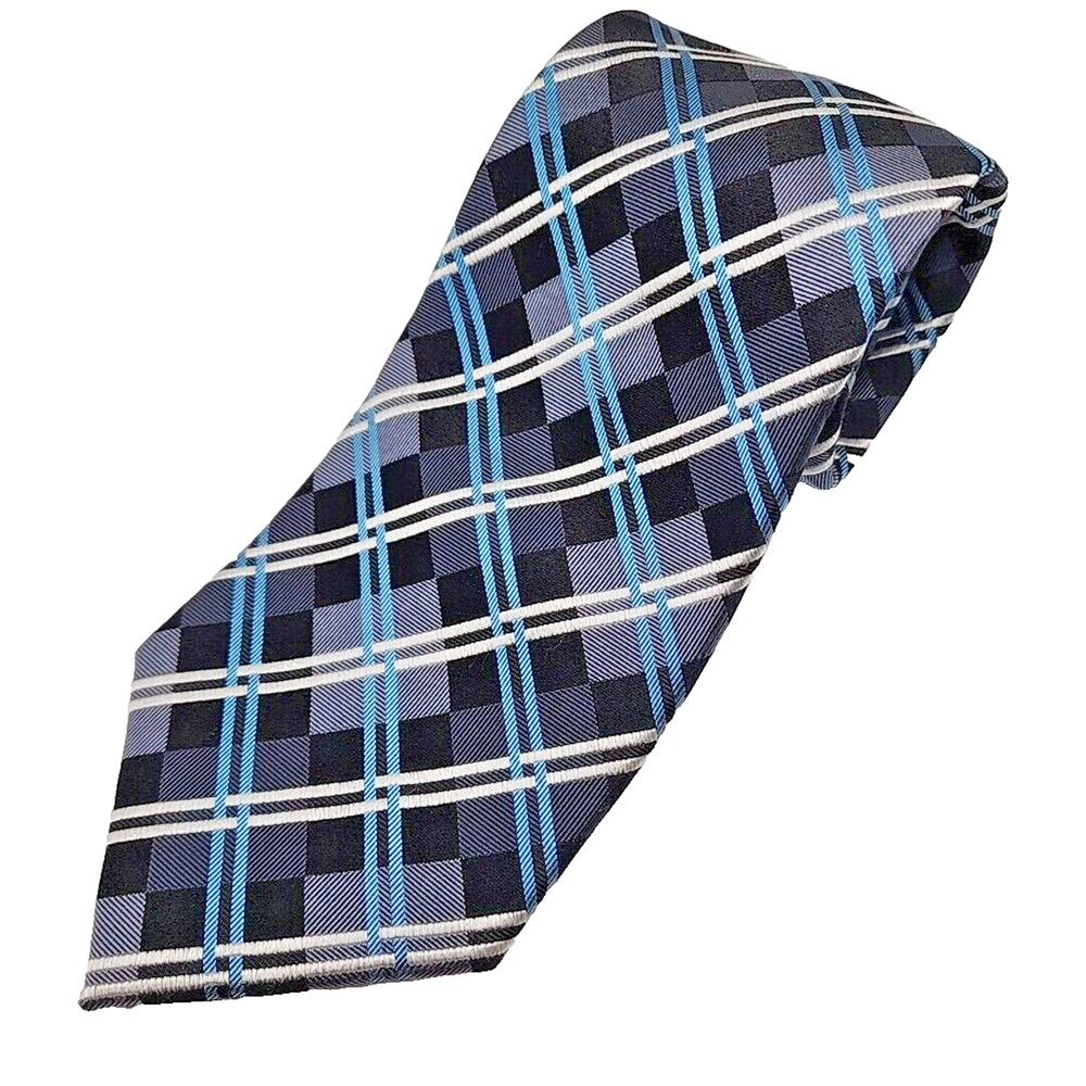 Geoffery Beene Blue-Silver Plaid Silk Tie Necktie - Like New